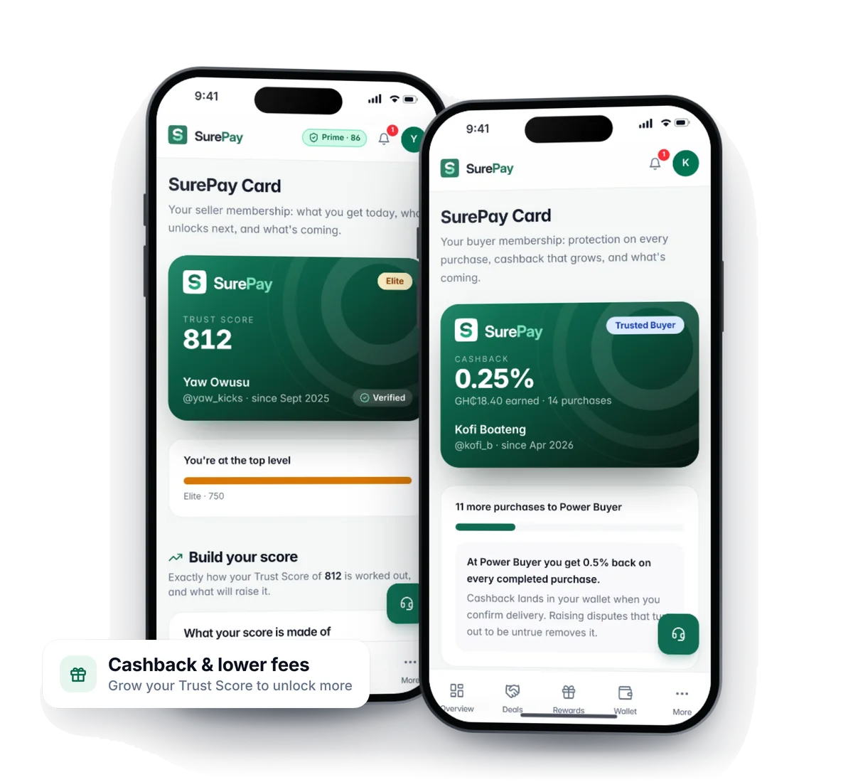 SurePay Card screens for a seller and a buyer