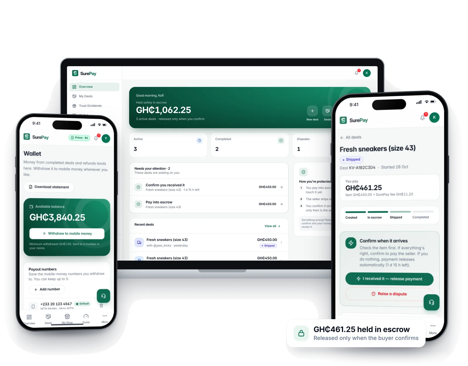 The SurePay app on a laptop and two phones: a buyer's dashboard, a seller's wallet and a deal waiting for delivery