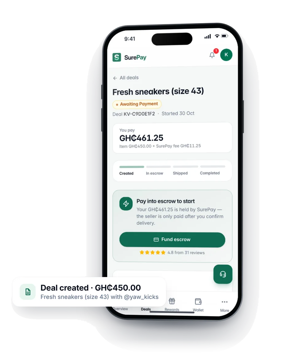 A new SurePay deal for Fresh sneakers, waiting for the buyer's payment
