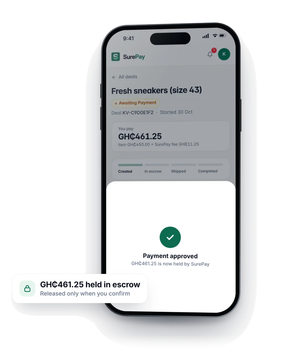 A Mobile Money payment approved and held in SurePay escrow